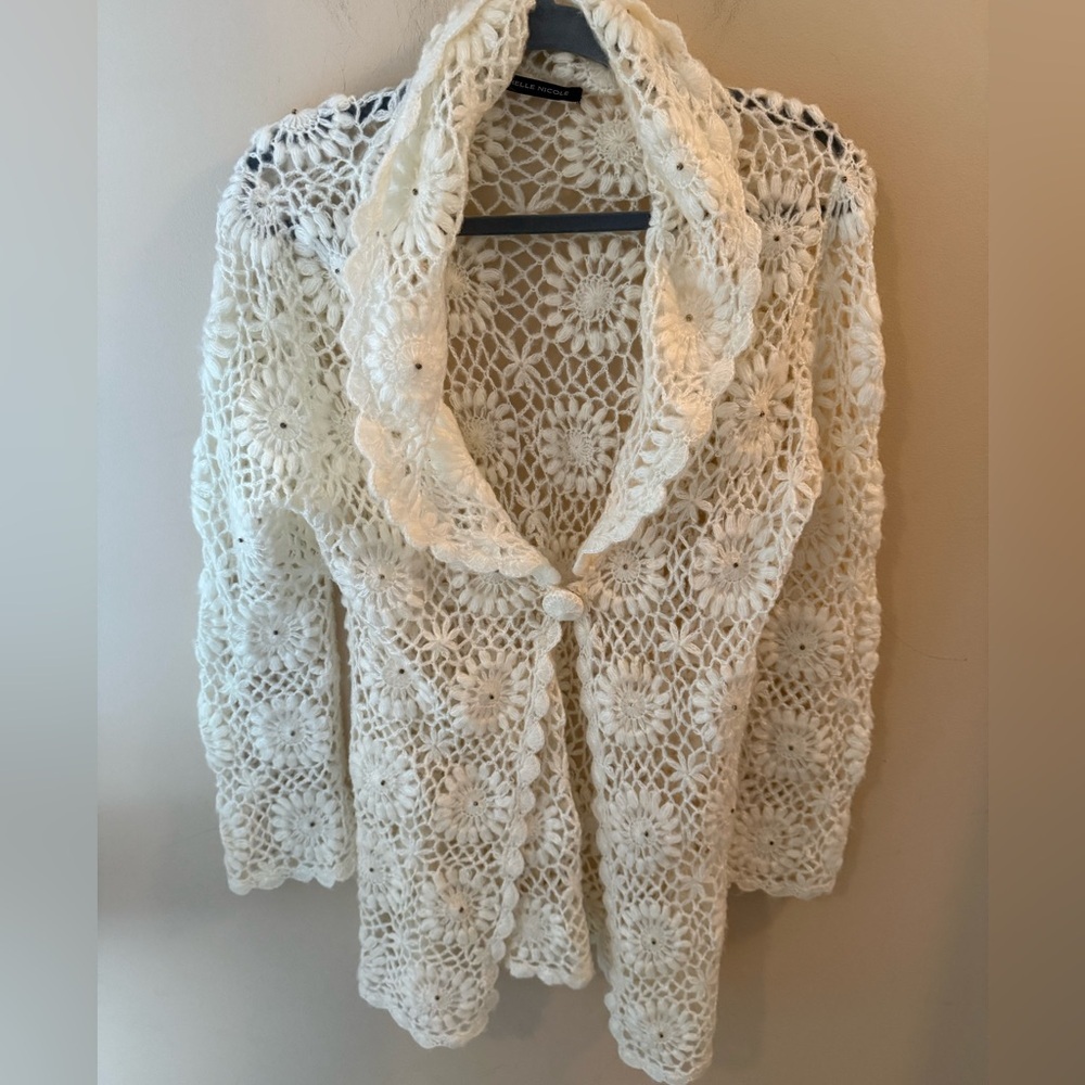 Michelle Nicole Vintage Y2K Granny Square Cardigan long white soft size M